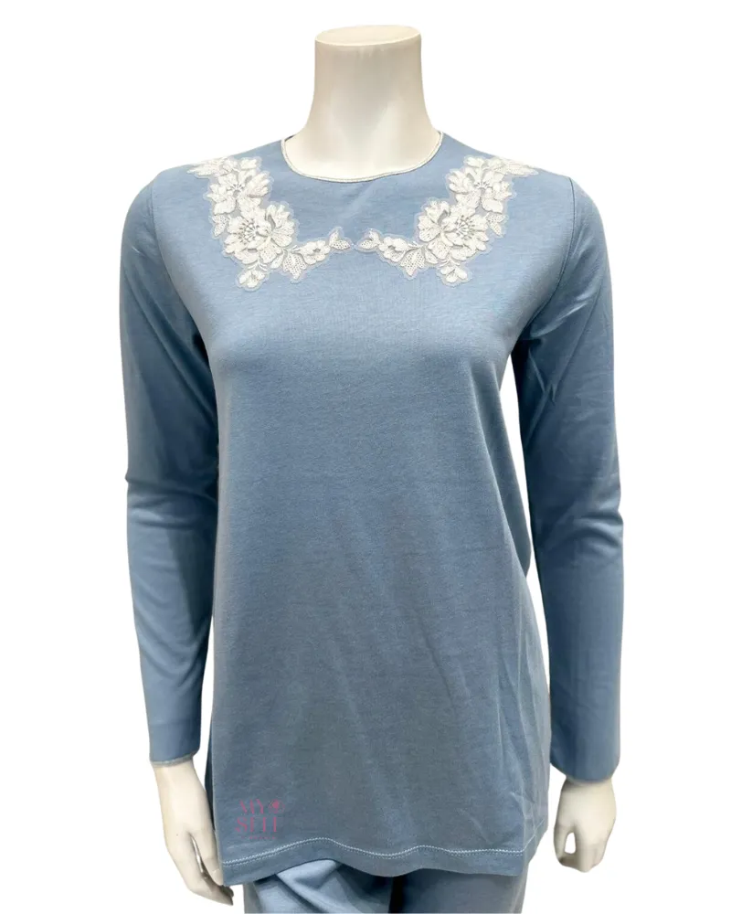 23507 Powder Blue Lace Applique Modal Pajamas Set