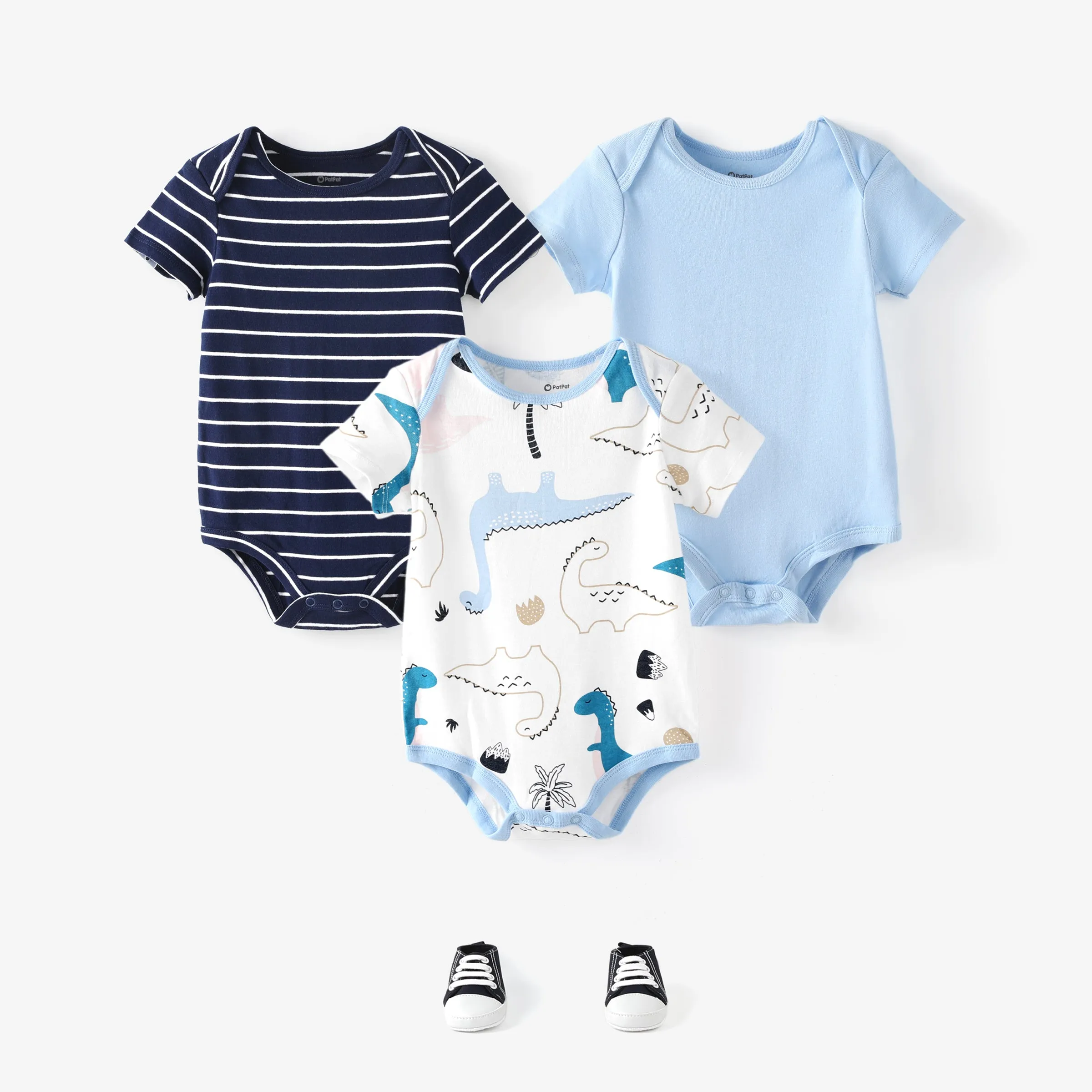 3-Pack Baby Girl/Boy Dinosaur Print/Stripe/Solid Color Short-sleeve Rompers