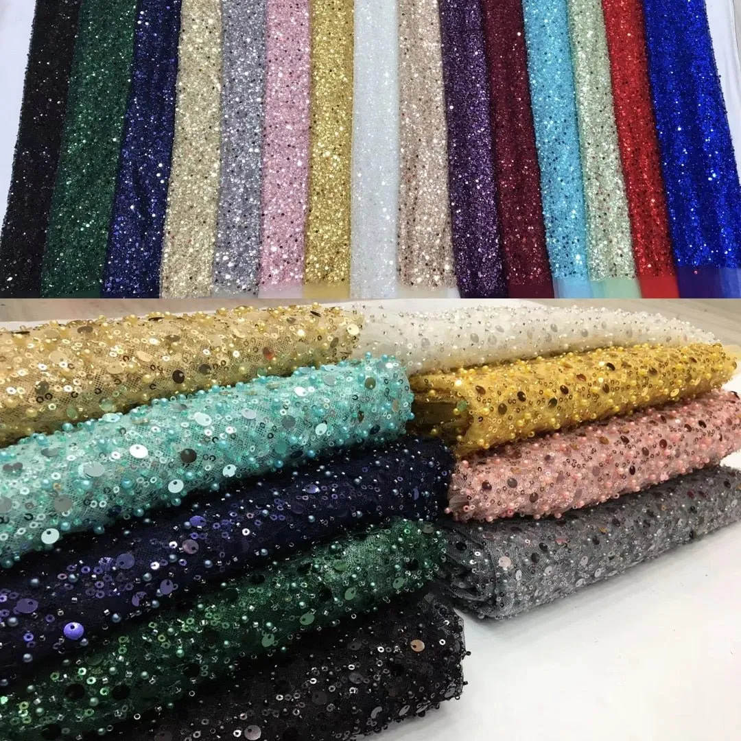 3 YARDS / 15 COLORS / GRACE Sequin Sparkly Beaded Mesh Ground Embroidery Mesh Lace Dress Tulle Fabric