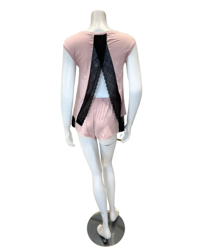 3226 Dusty Pink / Black Lace Open Back Modal Pajamas Shorts Set