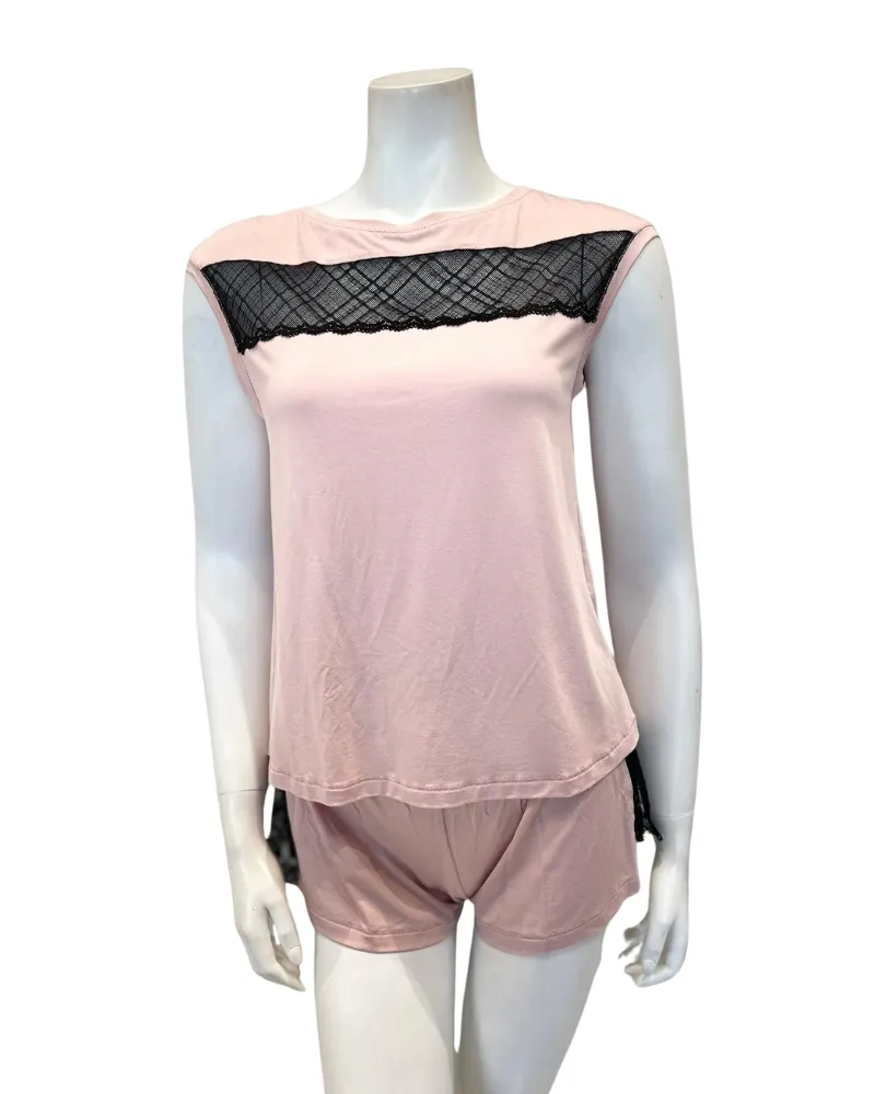 3226 Dusty Pink / Black Lace Open Back Modal Pajamas Shorts Set