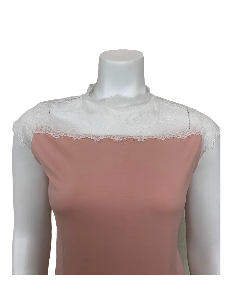 3403 Dusty Pink Short Sleeve Pajamas Set with White Lace Trim