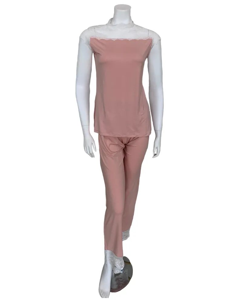 3403 Dusty Pink Short Sleeve Pajamas Set with White Lace Trim