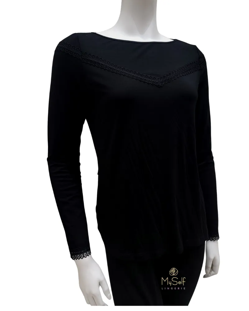 3623 V Lace Trim Lined Black Modal Pajamas Set