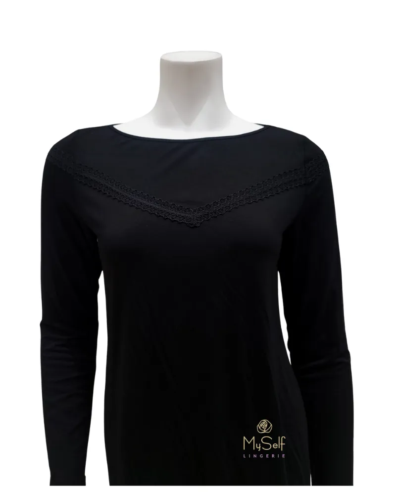3623 V Lace Trim Lined Black Modal Pajamas Set