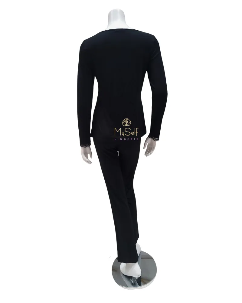 3623 V Lace Trim Lined Black Modal Pajamas Set
