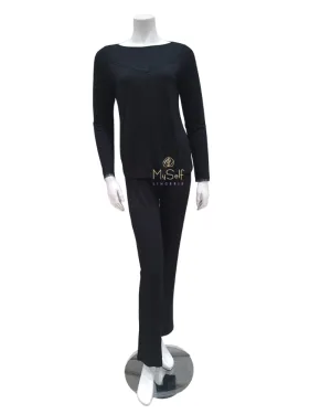3623 V Lace Trim Lined Black Modal Pajamas Set