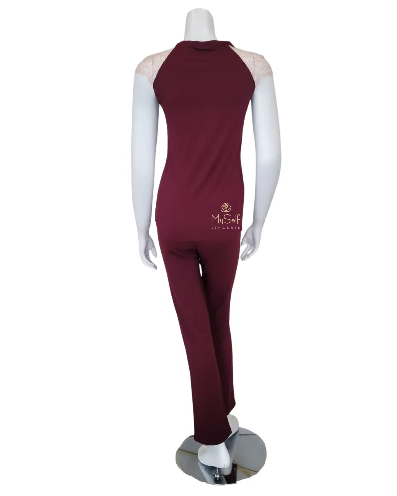 3628 Blush Lace Sleeveless Red Wine Modal Pajamas Set