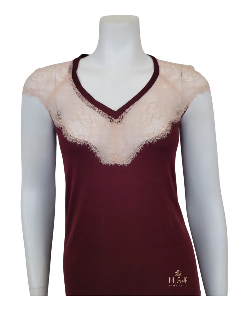 3628 Blush Lace Sleeveless Red Wine Modal Pajamas Set