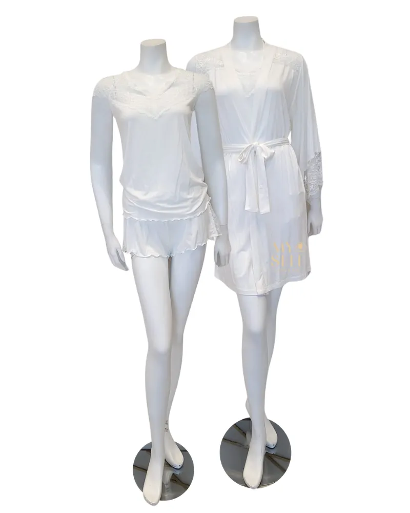 3809-3810 Ivory Lace Modal Cami Shorts Set & Long Robe Set