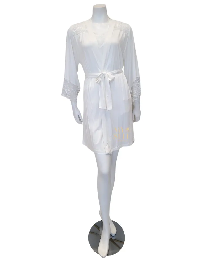 3809-3810 Ivory Lace Modal Cami Shorts Set & Long Robe Set
