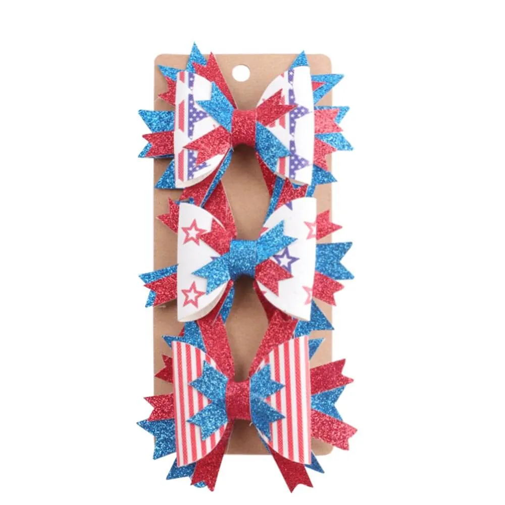 3PCS Patriotic Stars Glitter Hair Bows