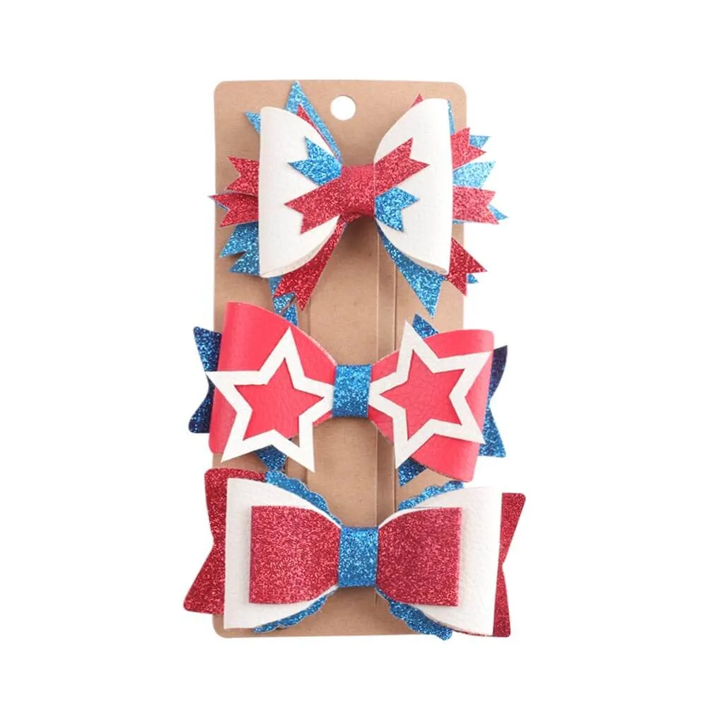 3PCS Patriotic Stars Glitter Hair Bows