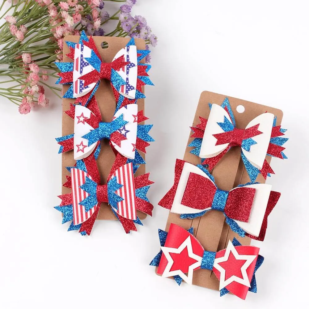 3PCS Patriotic Stars Glitter Hair Bows