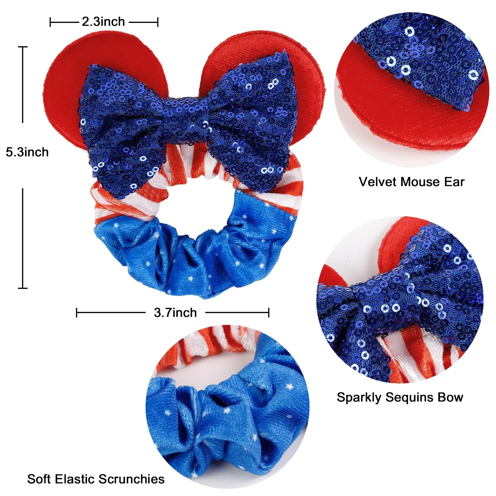 4th of July Hair Scrunchies Mouse Ear Accessories for Women Girls Independency Day Mice Ears Hair Ties Cute Sequins Hair Bow Scrunchies for Ponytail Party Favors Cosplay Costume,Red Blue