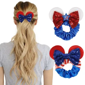 4th of July Hair Scrunchies Mouse Ear Accessories for Women Girls Independency Day Mice Ears Hair Ties Cute Sequins Hair Bow Scrunchies for Ponytail Party Favors Cosplay Costume,Red Blue