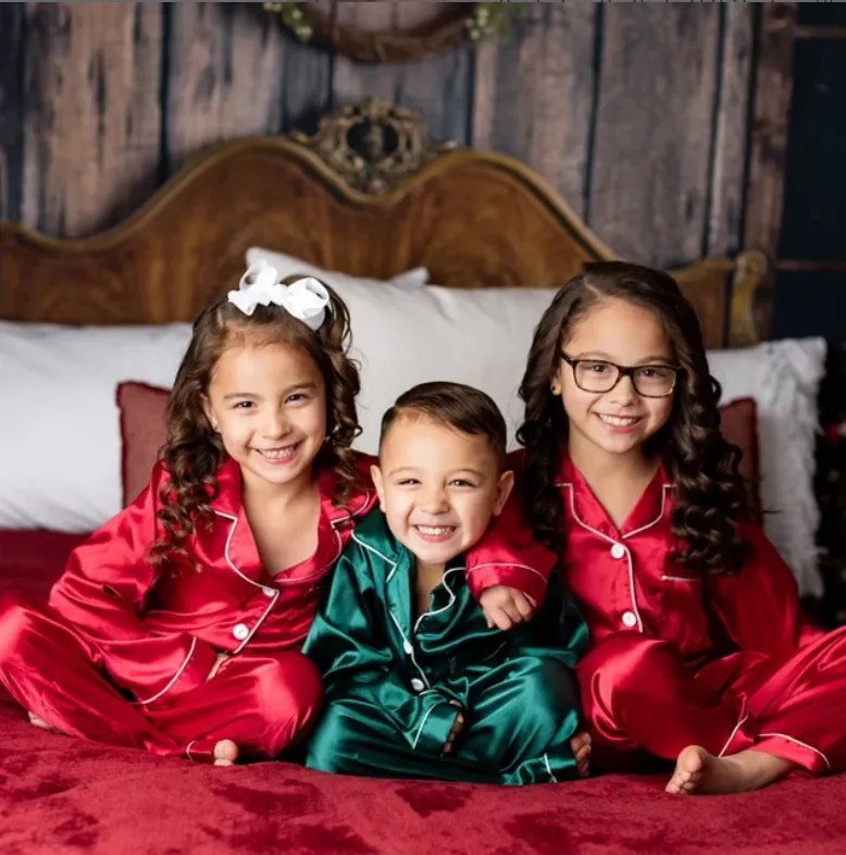 50% OFF Christmas Custom Satin Pajamas for kids- Long Sleeves w. Pants