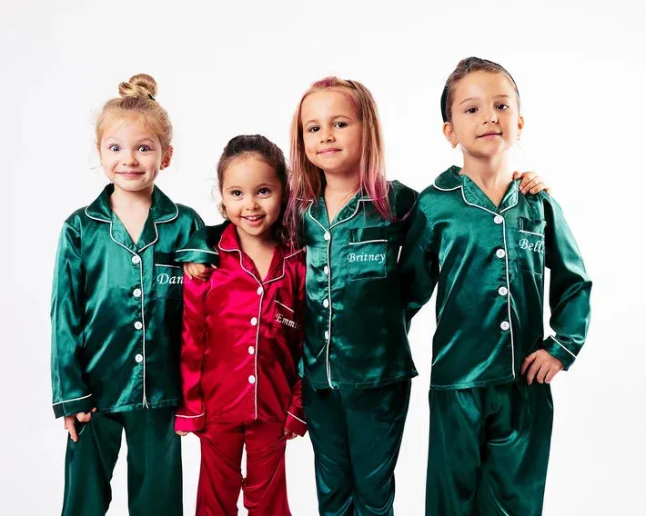 50% OFF Christmas Custom Satin Pajamas for kids- Long Sleeves w. Pants