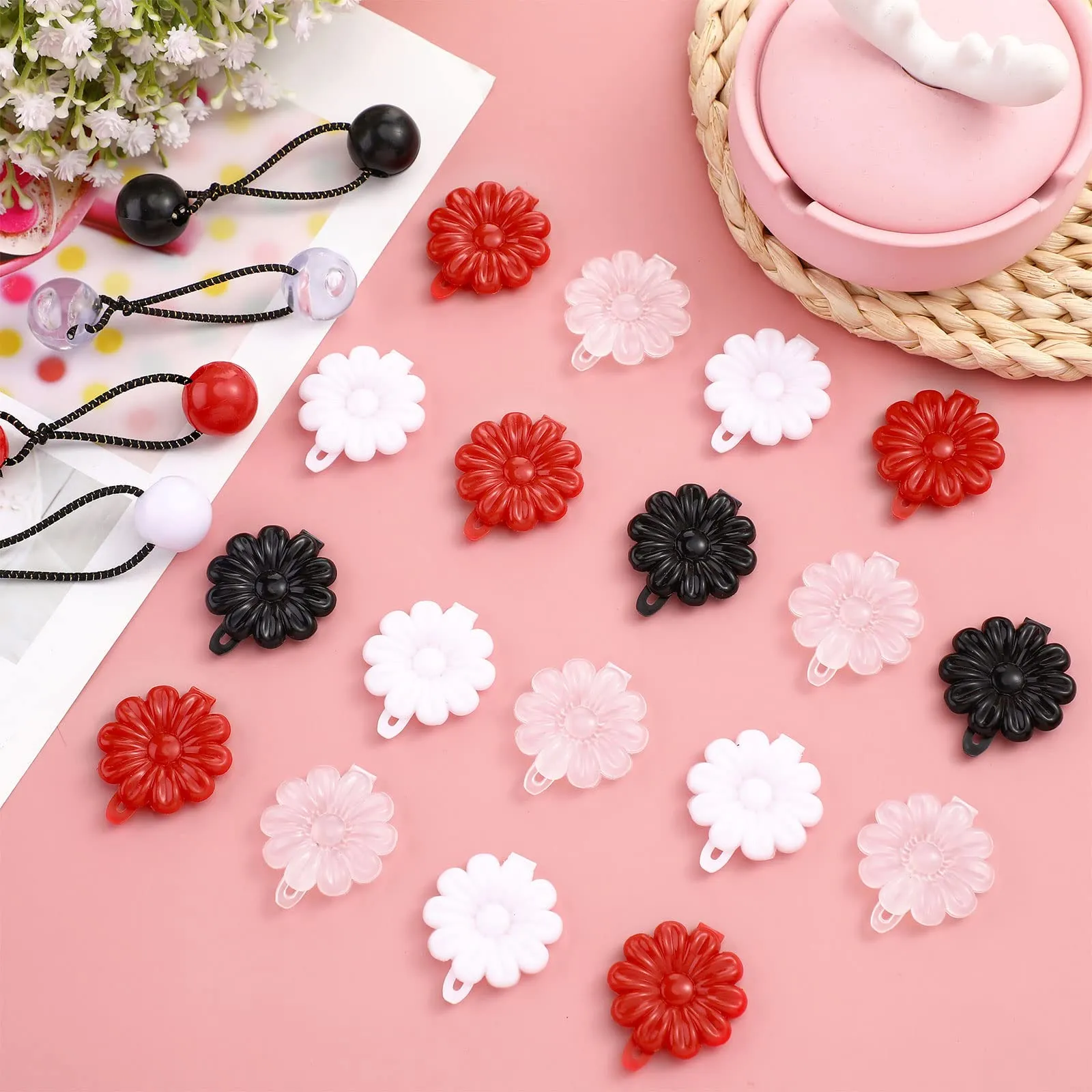72 Pcs Hair Barrettes for Girls Hair Balls Self Hinge Hair Barrettes Ties Bubble Hair Accessories Set 80s 90s Bow Flower Hair Tie Plastic Hair Clips for Baby Toddler (Black, White, Clear, Red)