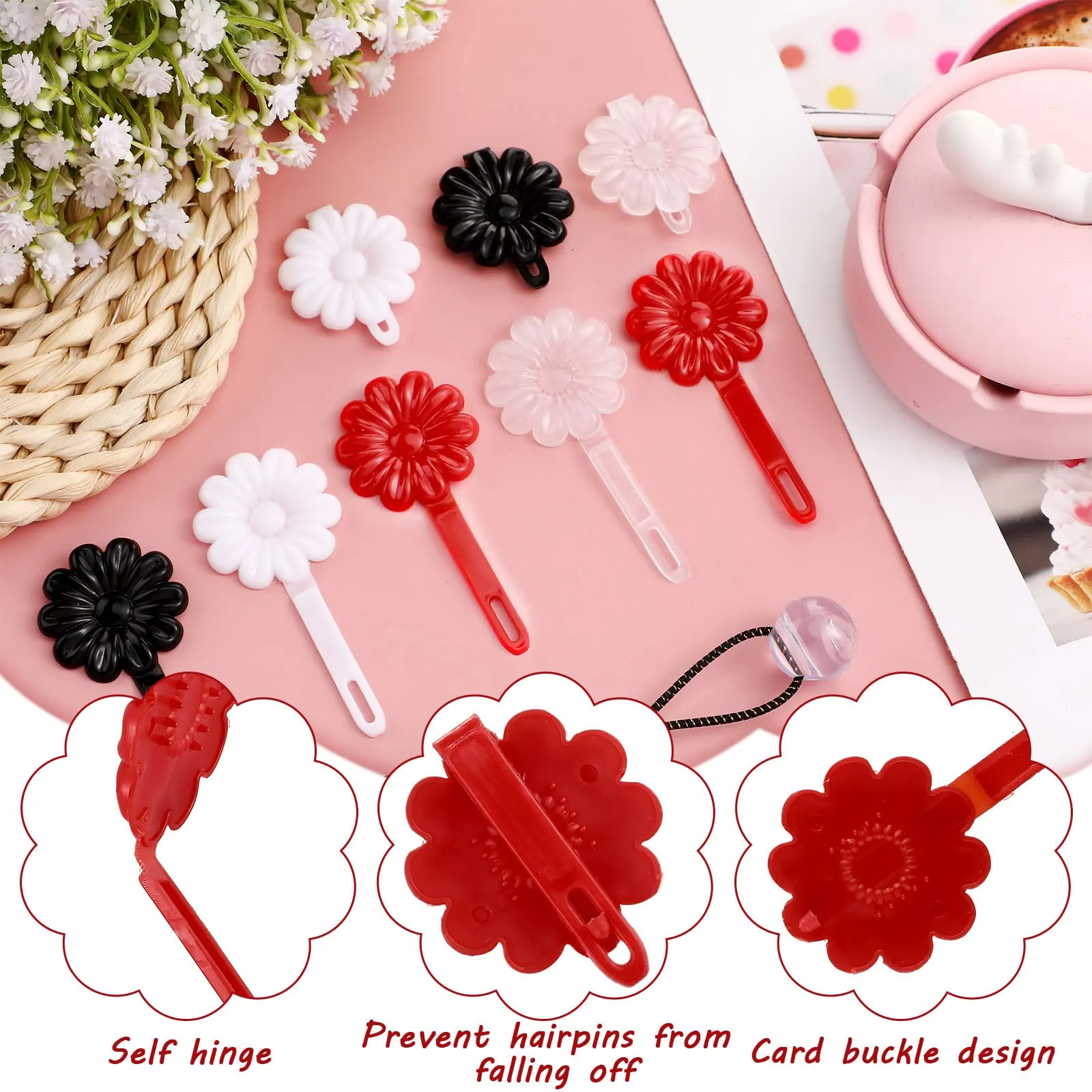 72 Pcs Hair Barrettes for Girls Hair Balls Self Hinge Hair Barrettes Ties Bubble Hair Accessories Set 80s 90s Bow Flower Hair Tie Plastic Hair Clips for Baby Toddler (Black, White, Clear, Red)