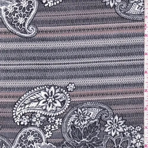 7/8 YD PC-ITY Black/Tan/Brown Paisley/Floral Jersey Knit Fabric