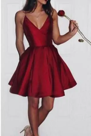 A-Line Burgundy Spaghetti Straps V-Neck Burgundy Short Homecoming SWK10769