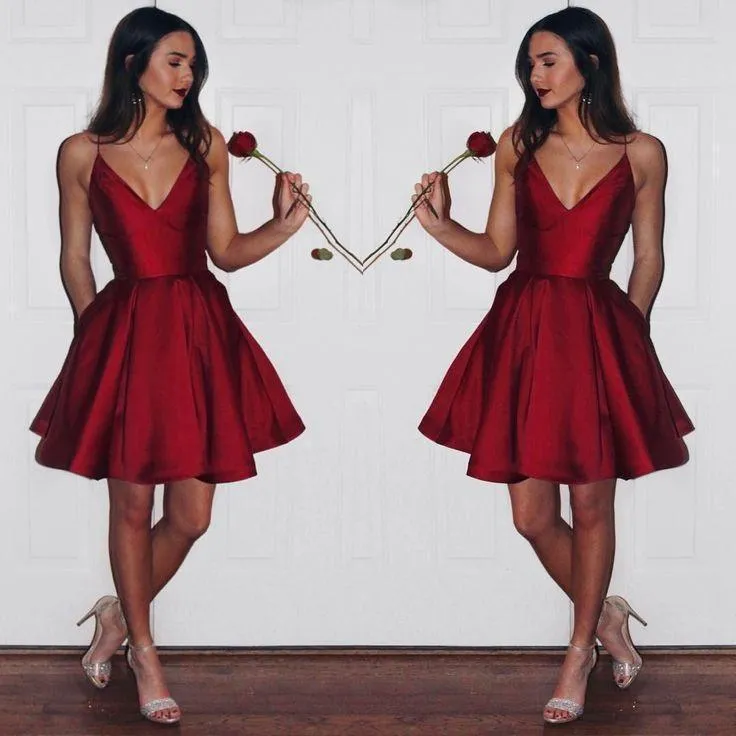 A-Line Burgundy Spaghetti Straps V-Neck Burgundy Short Homecoming SWK10769