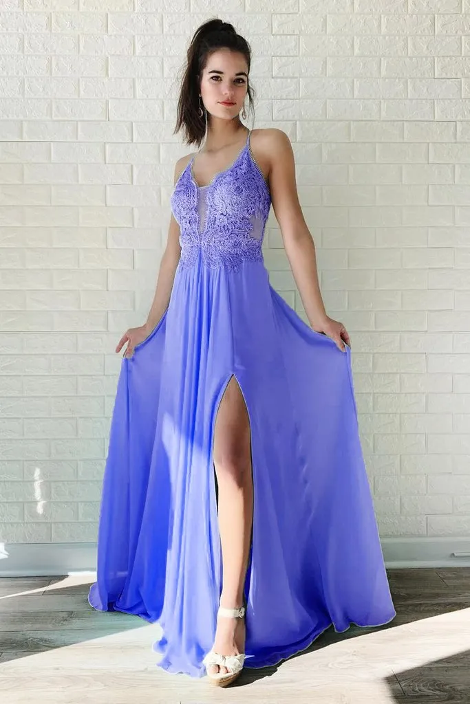 A Line Chiffon Long Split Prom Dress, Cheap Lace Up Back Evening Dresses PFP0491