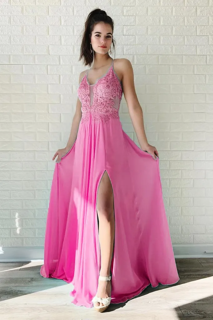 A Line Chiffon Long Split Prom Dress, Cheap Lace Up Back Evening Dresses PFP0491