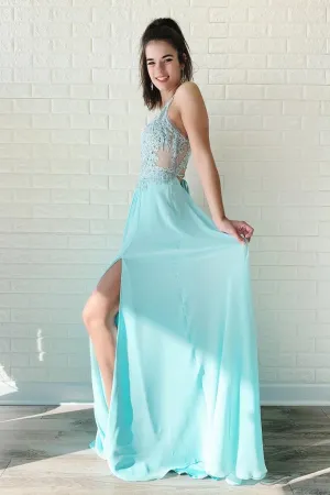 A Line Chiffon Long Split Prom Dress, Cheap Lace Up Back Evening Dresses PFP0491