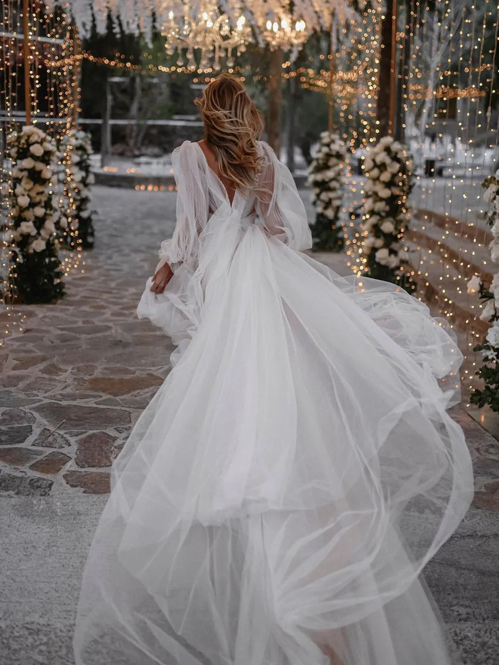 A Line Long Sleeves Wedding Gown Soft Tulle Bohemian Wedding Dress WD1923
