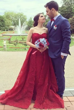 A Line Red Lace Sleeveless Wedding Dresses,2018 Sweetheart Prom Dress PFW0114