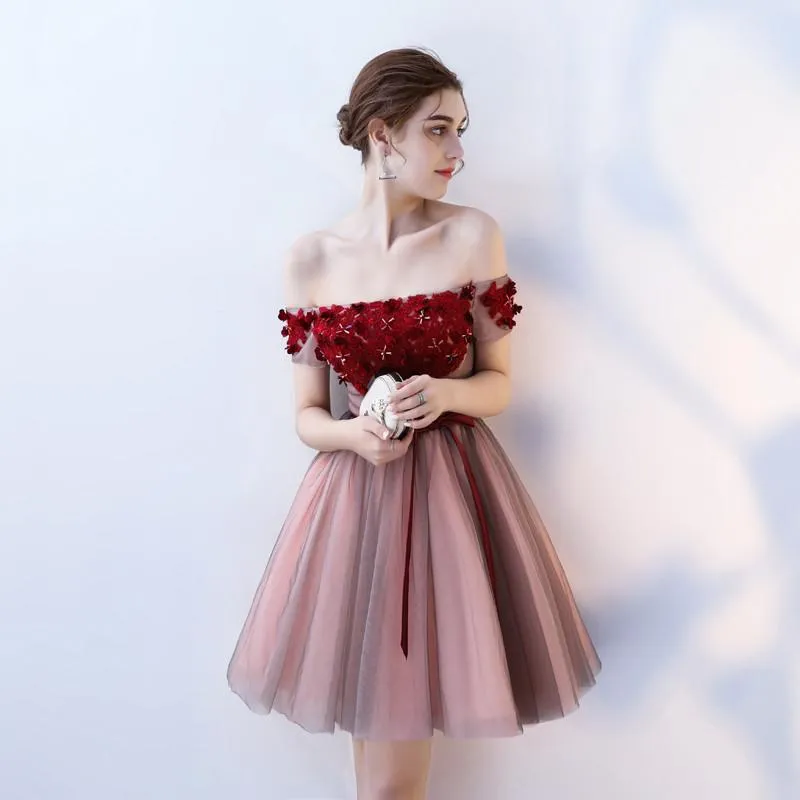 A Line Strapless Red Flowers Short Tulle Homecoming Dresses PFH0096