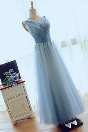 A-line V-neck Floor-length Tulle with Beading Prom Dresses Evening Dresses WK550