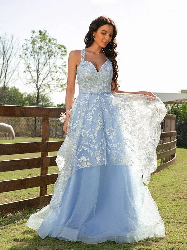 A-Line/Princess Tulle Lace V-neck Sleeveless Floor-Length Dresses