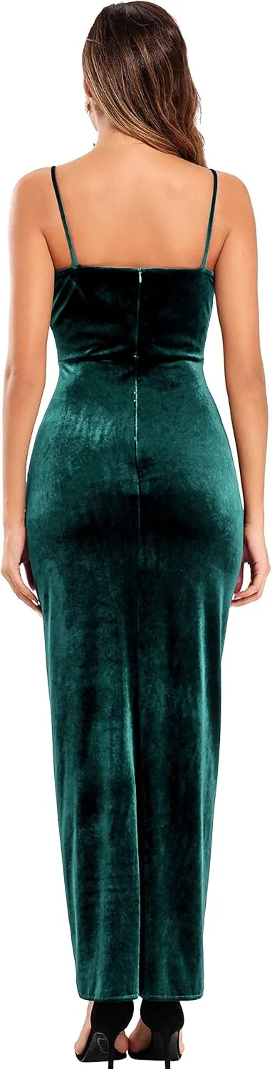 Ababalaya Elegant Spaghetti Strap Velvet Holiday Party Dresses for Women