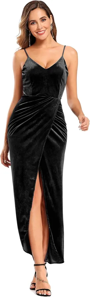 Ababalaya Elegant Spaghetti Strap Velvet Holiday Party Dresses for Women