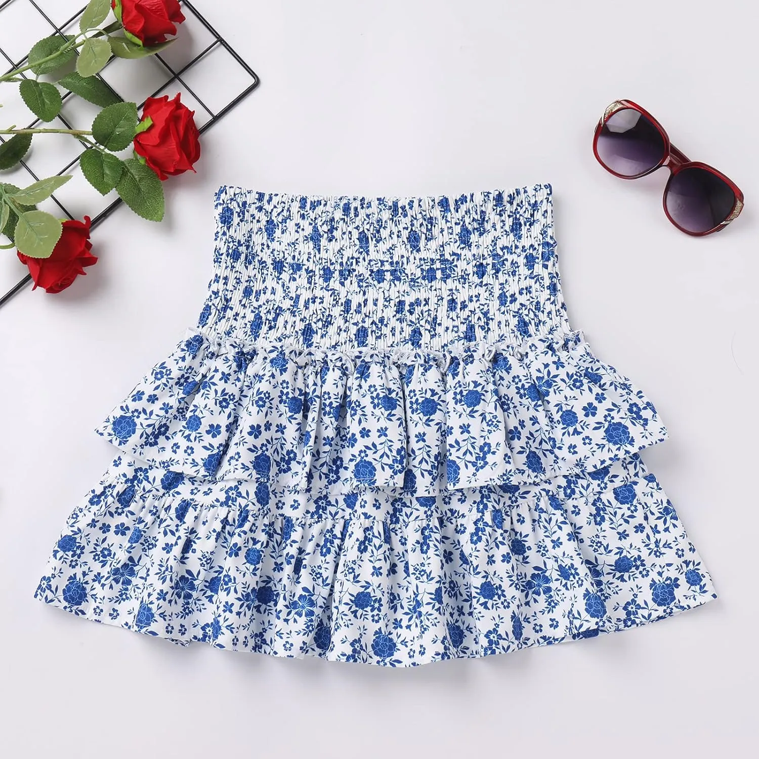 ABAFIP Women Ruffle Mini Skirt Smocked High Waist Floral Print Boho Pleated Layered Short Skirts