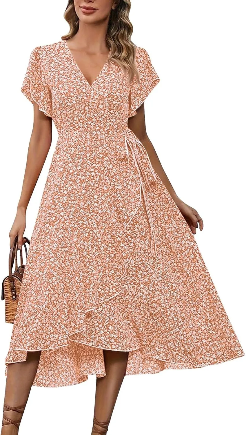 ADHOWBEW Dresses for Women 2025 V Neck Short Sleeve Floral Print Wrap Waist Tie Midi Summer Dresses