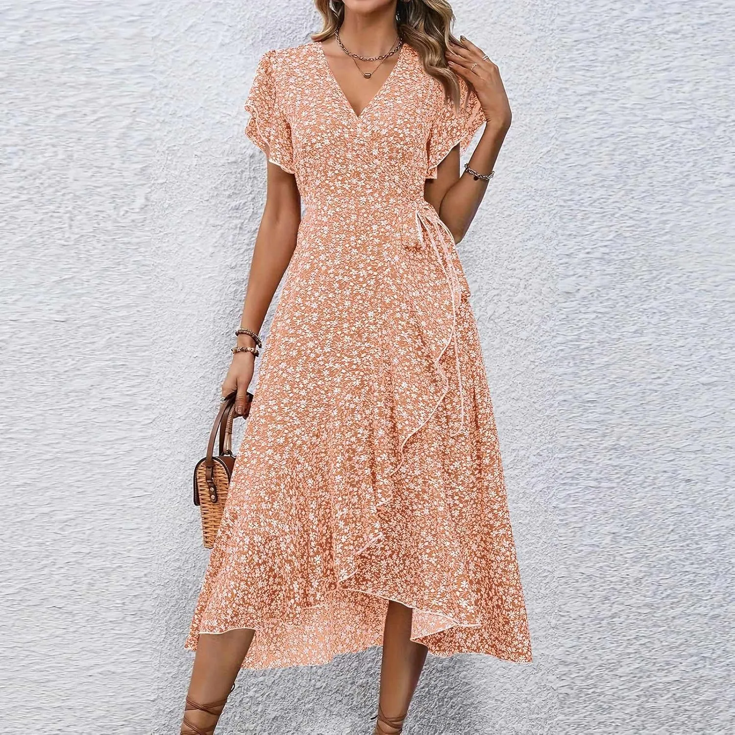 ADHOWBEW Dresses for Women 2025 V Neck Short Sleeve Floral Print Wrap Waist Tie Midi Summer Dresses