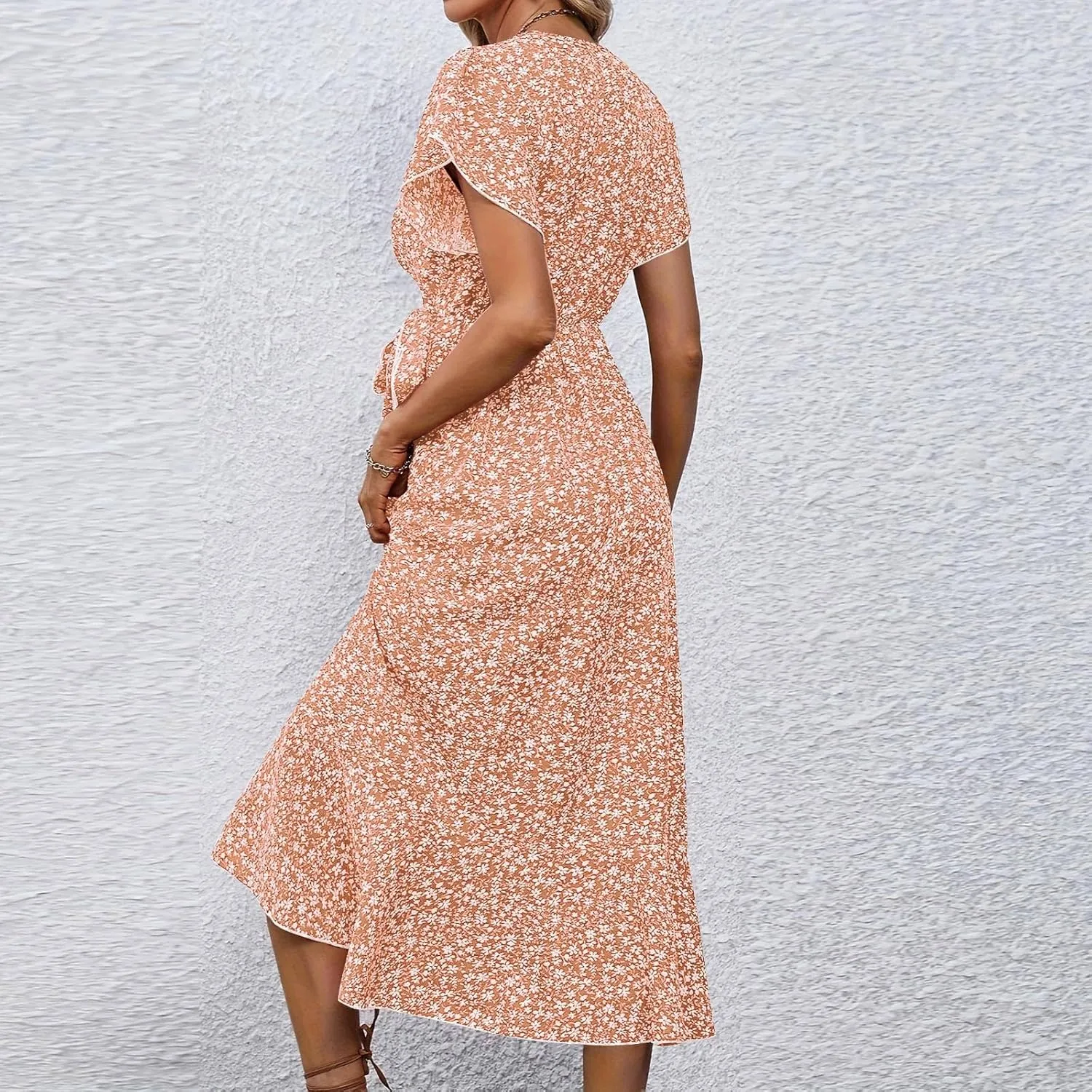 ADHOWBEW Dresses for Women 2025 V Neck Short Sleeve Floral Print Wrap Waist Tie Midi Summer Dresses