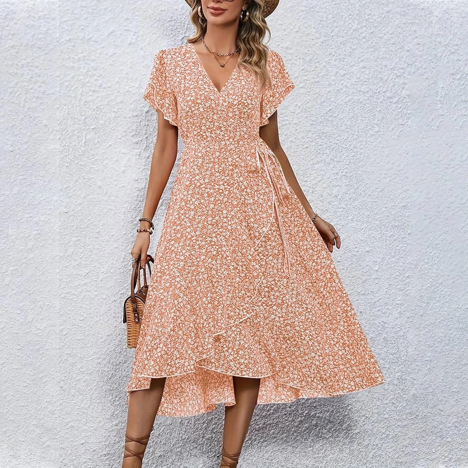 ADHOWBEW Dresses for Women 2025 V Neck Short Sleeve Floral Print Wrap Waist Tie Midi Summer Dresses
