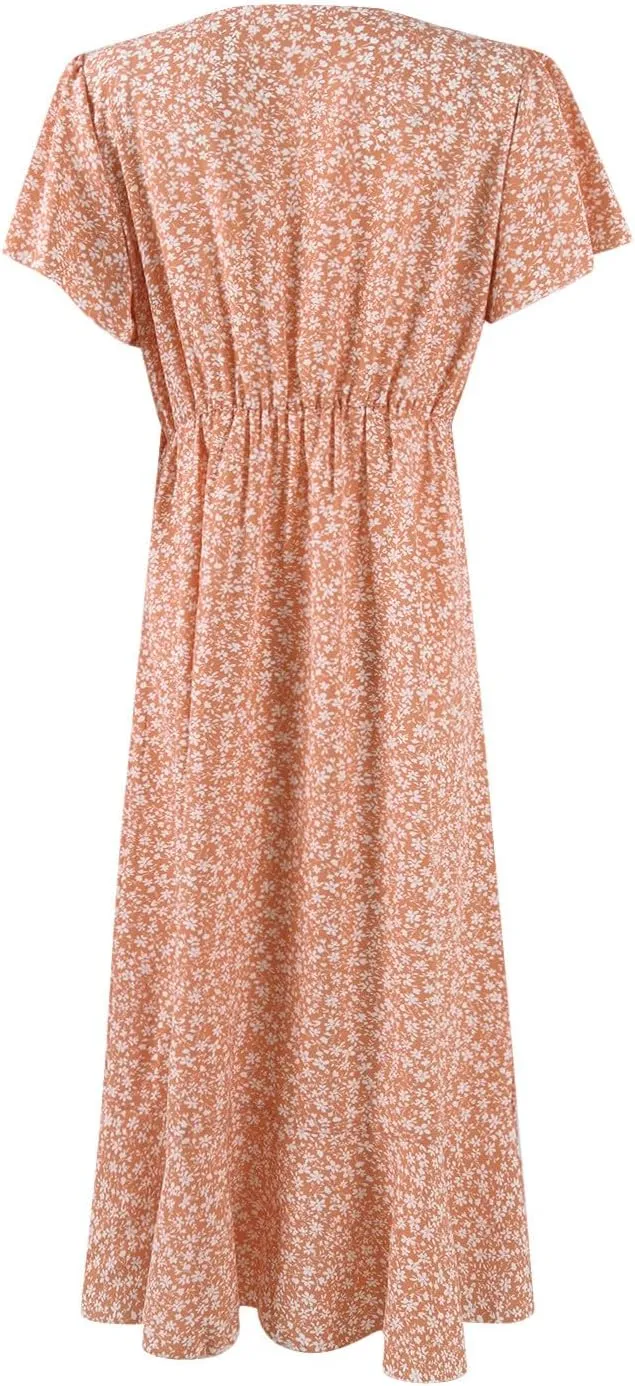 ADHOWBEW Dresses for Women 2025 V Neck Short Sleeve Floral Print Wrap Waist Tie Midi Summer Dresses