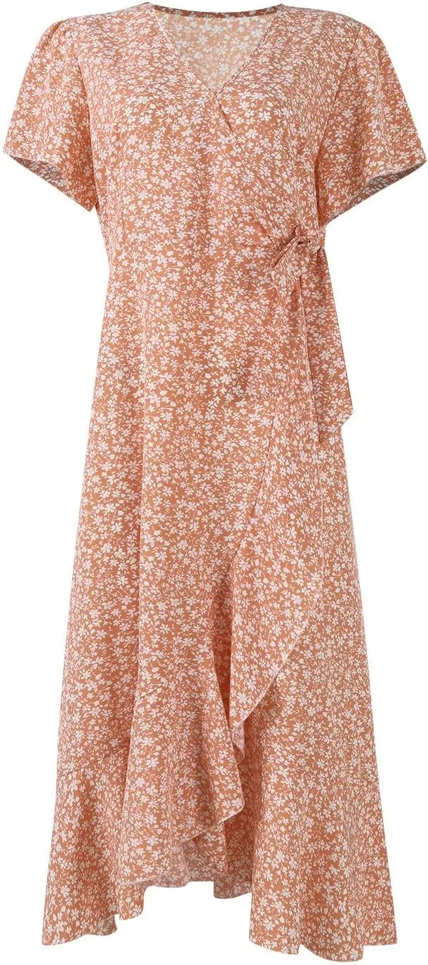 ADHOWBEW Dresses for Women 2025 V Neck Short Sleeve Floral Print Wrap Waist Tie Midi Summer Dresses