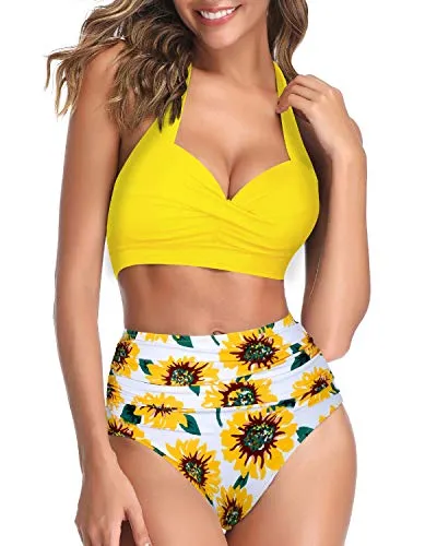 Adjustable Halter Neck Two Piece High Waist Swimsuit-Yellow And Sunflower