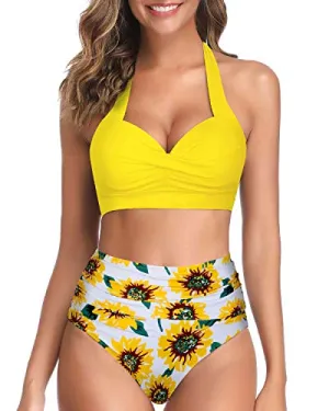 Adjustable Halter Neck Two Piece High Waist Swimsuit-Yellow And Sunflower