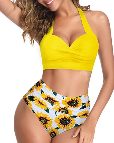 Adjustable Halter Neck Two Piece High Waist Swimsuit-Yellow And Sunflower