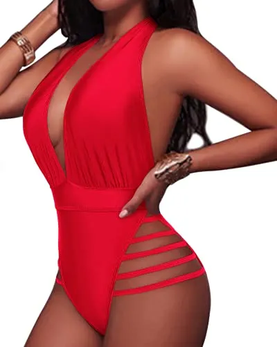 Adjustable Halter Tie Plunge Deep V Neck One Piece Swimsuits-Red