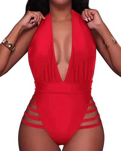 Adjustable Halter Tie Plunge Deep V Neck One Piece Swimsuits-Red