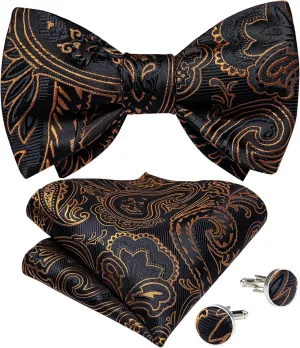 Adjustable Men's Silk Bowties Formal Self Bow Tie Men Paisley Wedding Bow Tie Handkerchief Cufflinks Set Tuxedo Bow